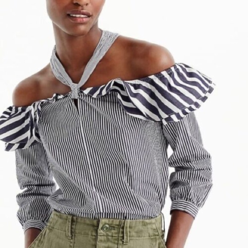 J. Crew Ruffles Off Shoulder Tie Neck blue stripes Top size 2